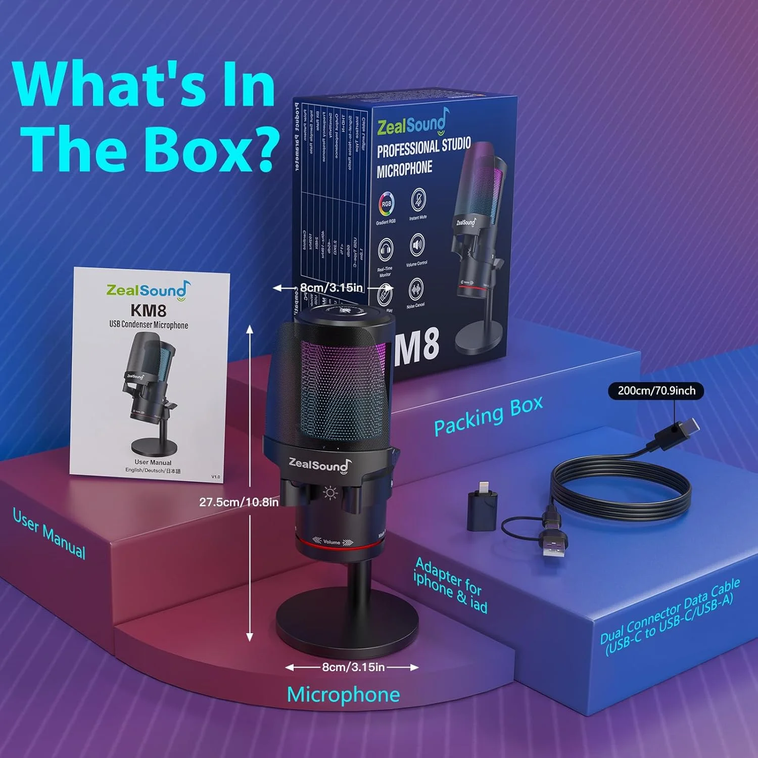 میکروفون USB گیمینگ ZealSound، میکروفون کاندنسر با حذف نویز با نور RGB، قطع صدا لمسی، Gain، مانیتورینگ برای استریم، پادکست، Twitch، YouTube، Discord، iPhone، iPad، PC، کامپیوتر، PS4، PS5، Mac، GamerWave