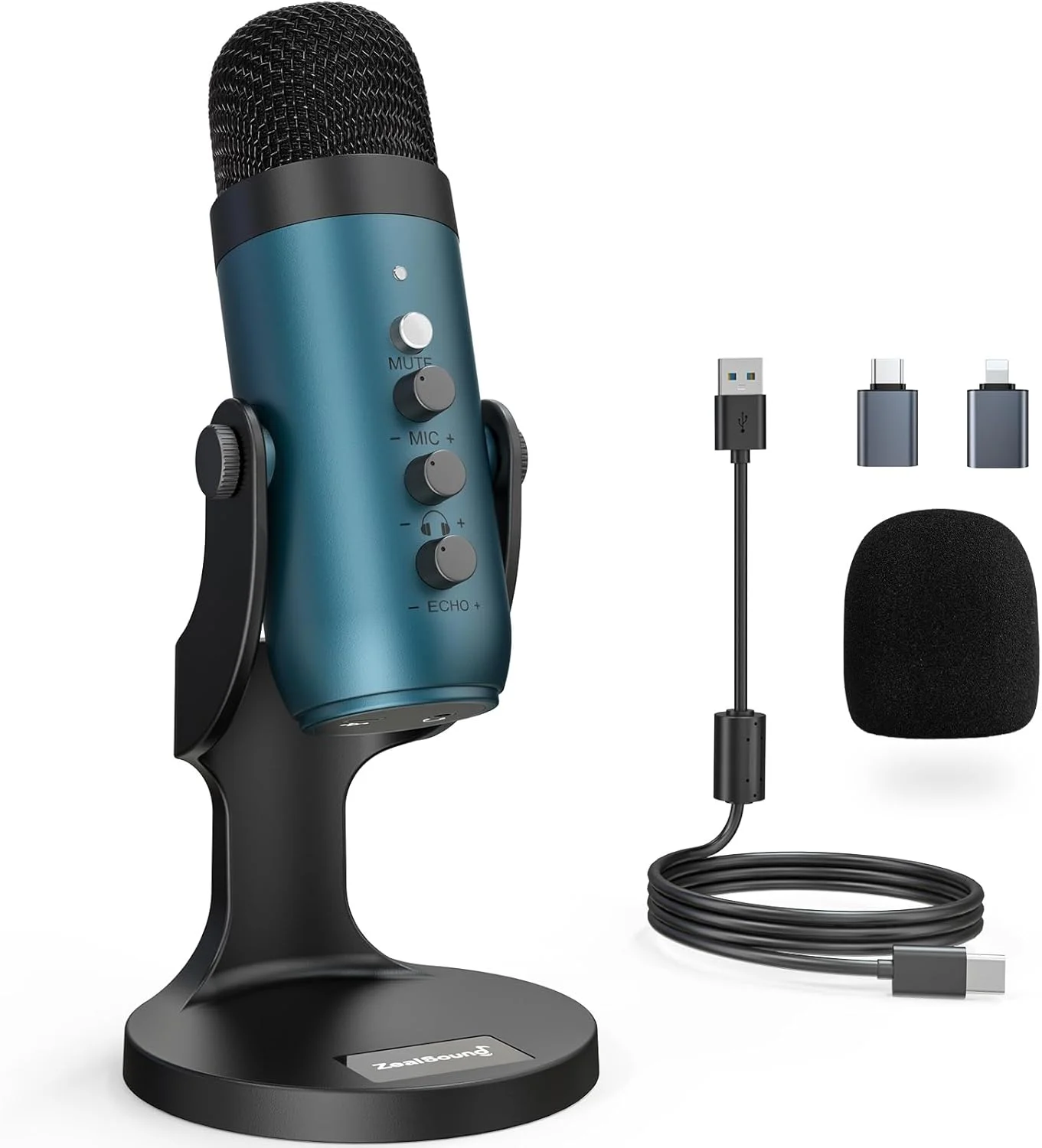 میکروفون کاندنسر USB ZealSound، میکروفون گیمینگ کامپیوتر PC، میکروفون های پادکست Plug&Play برای PS 4&5. کنترل تنظیمات مانیتور و صدا، کنترل گین میکروفون، دکمه قطع صدا برای TikTok، YouTube در Mac و Windows (آبی)