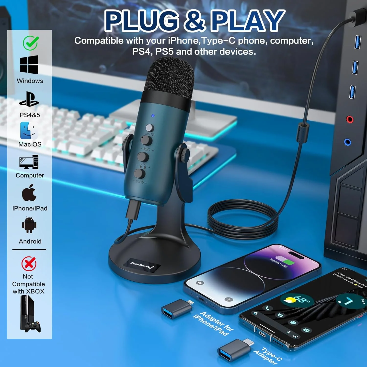 میکروفون کاندنسر USB ZealSound، میکروفون گیمینگ کامپیوتر PC، میکروفون های پادکست Plug&Play برای PS 4&5. کنترل تنظیمات مانیتور و صدا، کنترل گین میکروفون، دکمه قطع صدا برای TikTok، YouTube در Mac و Windows (آبی) میکروفون کاندنسر USB ZealSound، میکروفون گیمینگ کامپیوتر PC، میکروفون های پادکست Plug&Play برای PS 4&5. کنترل تنظیمات مانیتور و صدا، کنترل گین میکروفون، دکمه قطع صدا برای TikTok، YouTube در Mac و Windows (آبی)