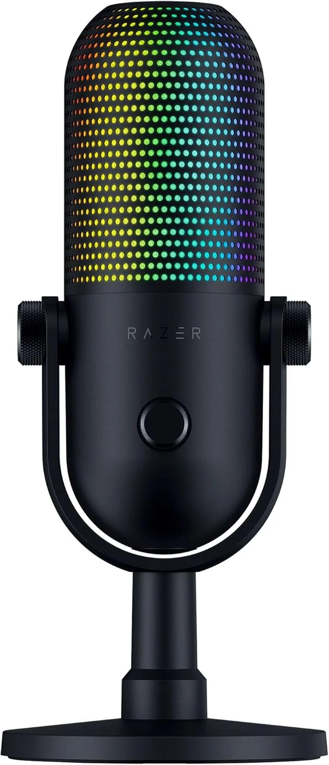 میکروفون USB ریزر Seiren V3 Chroma RGB، نورپردازی واکنش‌گرا برای استریم و بازی، حسگر بی‌صدا کردن با لمس، میکروفون کندانسور، محدود کننده بهره دیجیتال و ضربه‌گیر، سازگار با PC، Discord، OBS Studio، XSplit - مشکی