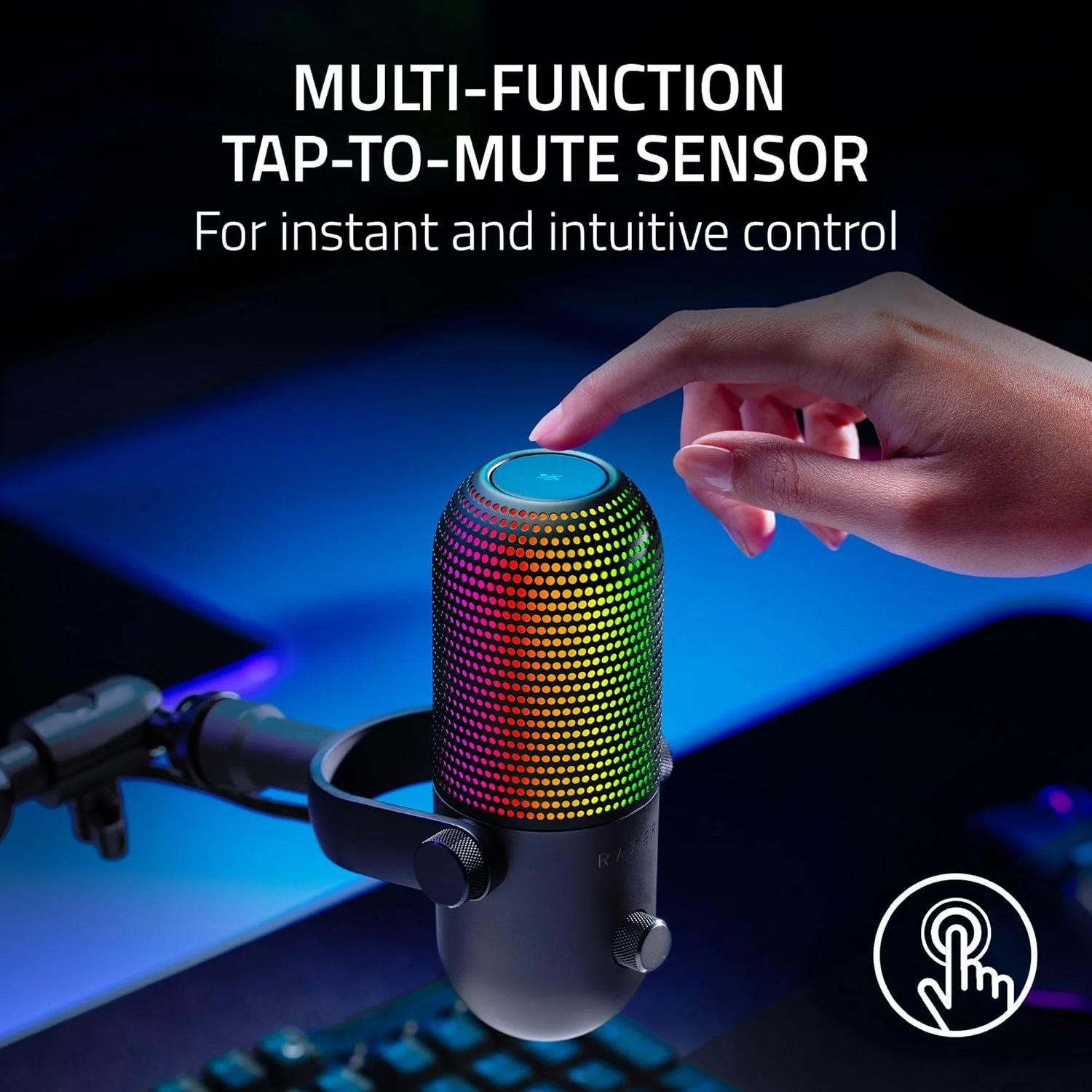 میکروفون USB ریزر Seiren V3 Chroma RGB، نورپردازی واکنشگرا برای استریم و بازی، حسگر بیصدا کردن با لمس، میکروفون کندانسور، محدود کننده بهره دیجیتال و ضربهگیر، سازگار با PC، Discord، OBS Studio، XSplit - مشکی میکروفون USB ریزر Seiren V3 Chroma RGB، نورپردازی واکنشگرا برای استریم و بازی، حسگر بیصدا کردن با لمس، میکروفون کندانسور، محدود کننده بهره دیجیتال و ضربهگیر، سازگار با PC، Discord، OBS Studio، XSplit - مشکی
