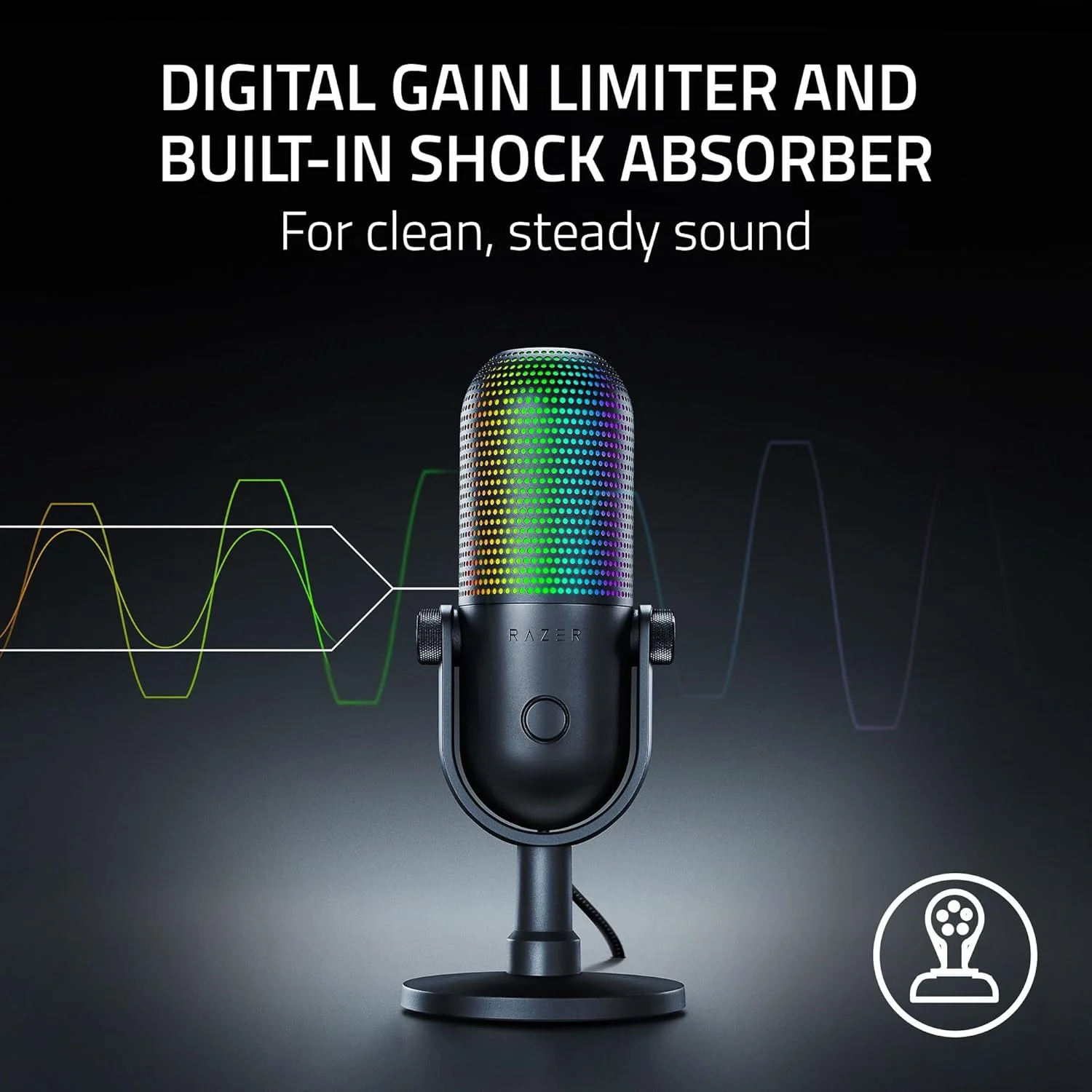 میکروفون USB ریزر Seiren V3 Chroma RGB، نورپردازی واکنشگرا برای استریم و بازی، حسگر بیصدا کردن با لمس، میکروفون کندانسور، محدود کننده بهره دیجیتال و ضربهگیر، سازگار با PC، Discord، OBS Studio، XSplit - مشکی میکروفون USB ریزر Seiren V3 Chroma RGB، نورپردازی واکنشگرا برای استریم و بازی، حسگر بیصدا کردن با لمس، میکروفون کندانسور، محدود کننده بهره دیجیتال و ضربهگیر، سازگار با PC، Discord، OBS Studio، XSplit - مشکی