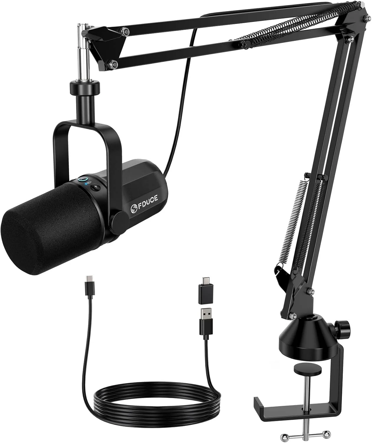میکروفون دینامیک FDUCE مدل SL40+، میکروفون ضبط پادکست XLR/USB برای وکال، صداگذاری و استریمینگ، میکروفون استودیویی فلزی با دکمه قطع صدا، جک هدفون، کنترل حجم صدا و بازوی بوم