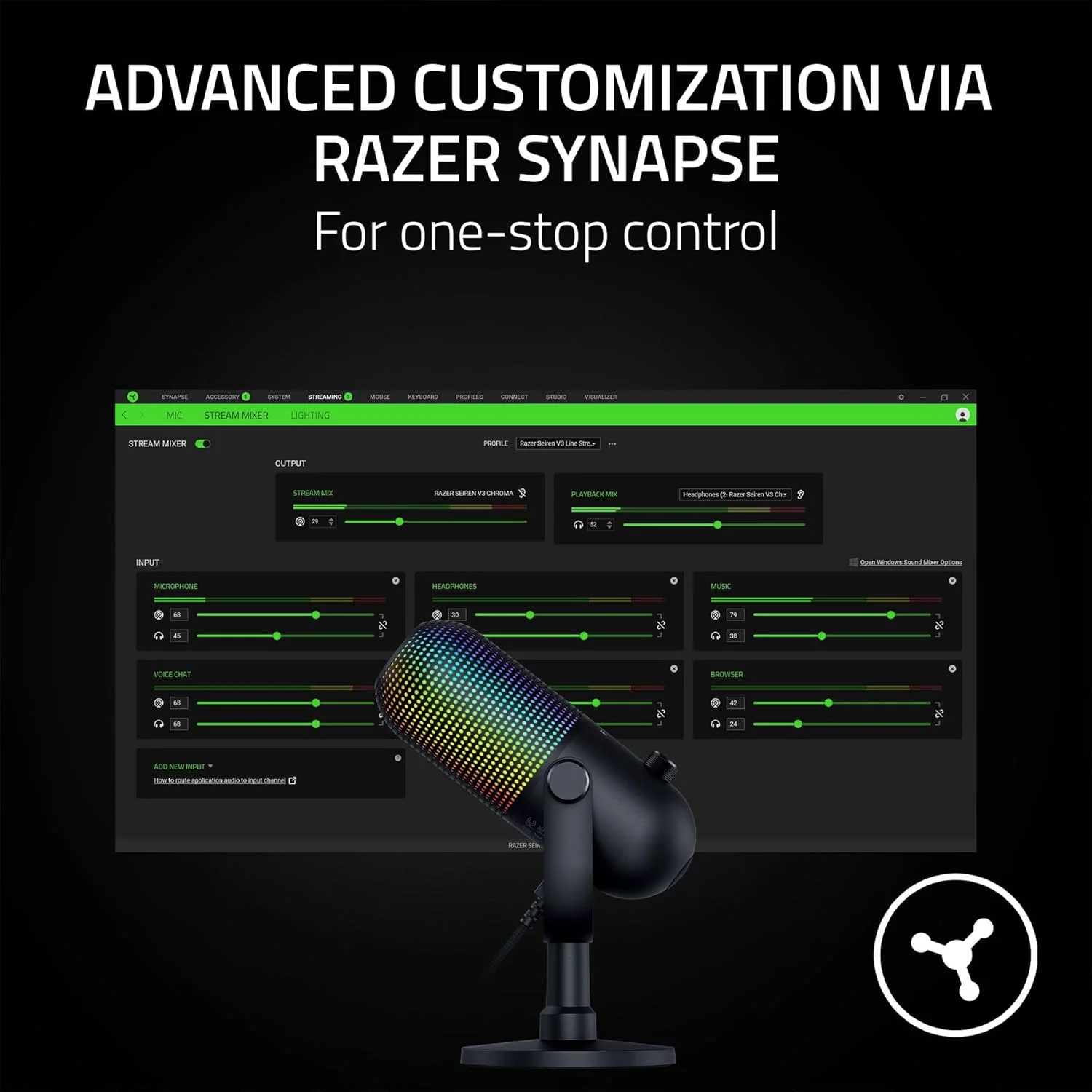 میکروفون USB ریزر Seiren V3 Chroma RGB، نورپردازی واکنشگرا برای استریم و بازی، حسگر بیصدا کردن با لمس، میکروفون کندانسور، محدود کننده بهره دیجیتال و ضربهگیر، سازگار با PC، Discord، OBS Studio، XSplit - مشکی میکروفون USB ریزر Seiren V3 Chroma RGB، نورپردازی واکنشگرا برای استریم و بازی، حسگر بیصدا کردن با لمس، میکروفون کندانسور، محدود کننده بهره دیجیتال و ضربهگیر، سازگار با PC، Discord، OBS Studio، XSplit - مشکی
