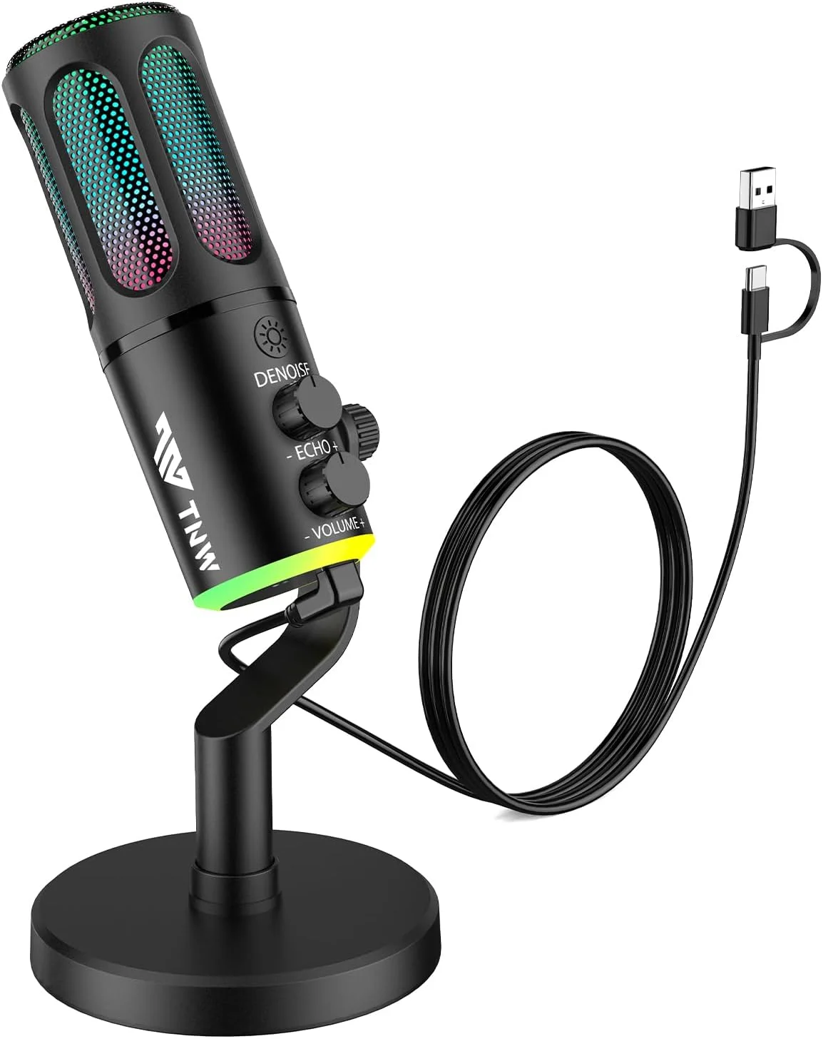 میکروفون USB RGB مدل TNW برای کامپیوتر، میکروفون کاندنسر USB گیمینگ برای ضبط پادکست و ویدیو با پایه رومیزی برای PS4، PS5، مک، تلفن همراه (سیمی K18، مشکی)
