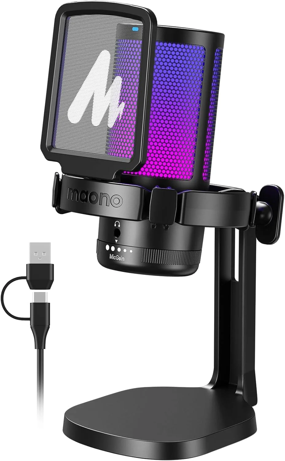 میکروفون گیمینگ USB مائونو، میکروفون کاندنسر با قابلیت حذف نویز به همراه دکمه قطع صدا، کنترل گین، مانیتورینگ، پاپ فیلتر برای استریمینگ، پادکست، توییچ، یوتیوب، دیسکورد، کامپیوتر شخصی، PS4 و PS5، مک، DGM20، مشکی