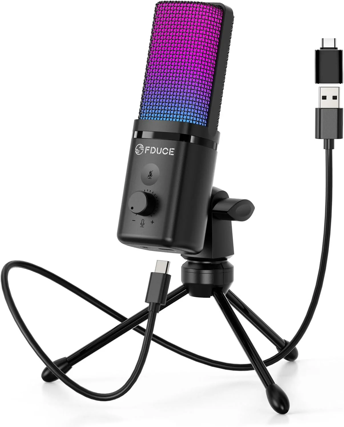 میکروفون USB گیمینگ FDUCE برای کامپیوتر، میکروفون کاندنسر RGB با پایه سه پایه، قطع سریع صدا، کنترل گین، میکروفون کاردیوئید برای استریم، پادکست، Twitch، یوتیوب، کامپیوتر، PS5، (M160)