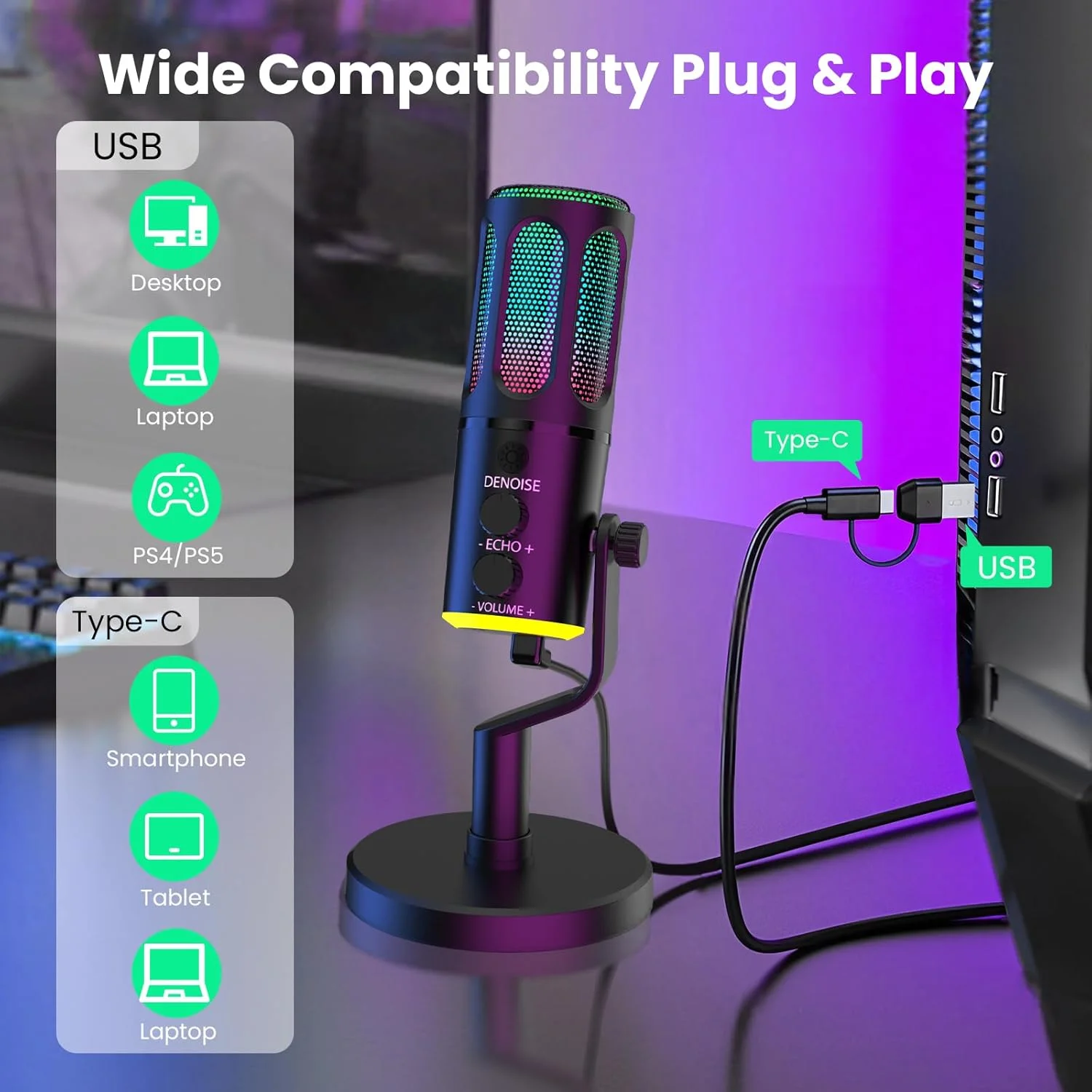 میکروفون USB RGB مدل TNW برای کامپیوتر، میکروفون کاندنسر USB گیمینگ برای ضبط پادکست و ویدیو با پایه رومیزی برای PS4، PS5، مک، تلفن همراه (سیمی K18، مشکی) میکروفون USB RGB مدل TNW برای کامپیوتر، میکروفون کاندنسر USB گیمینگ برای ضبط پادکست و ویدیو با پایه رومیزی برای PS4، PS5، مک، تلفن همراه (سیمی K18، مشکی)