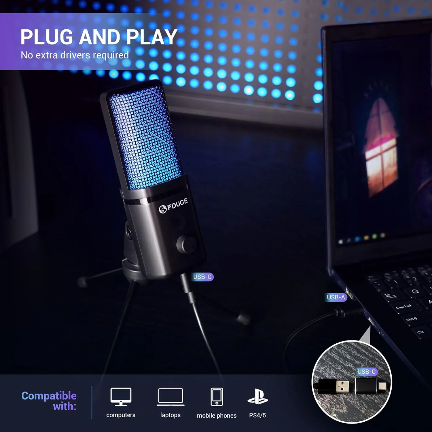 میکروفون USB گیمینگ FDUCE برای کامپیوتر، میکروفون کاندنسر RGB با پایه سه پایه، قطع سریع صدا، کنترل گین، میکروفون کاردیوئید برای استریم، پادکست، Twitch، یوتیوب، کامپیوتر، PS5، (M160) میکروفون USB گیمینگ FDUCE برای کامپیوتر، میکروفون کاندنسر RGB با پایه سه پایه، قطع سریع صدا، کنترل گین، میکروفون کاردیوئید برای استریم، پادکست، Twitch، یوتیوب، کامپیوتر، PS5، (M160)