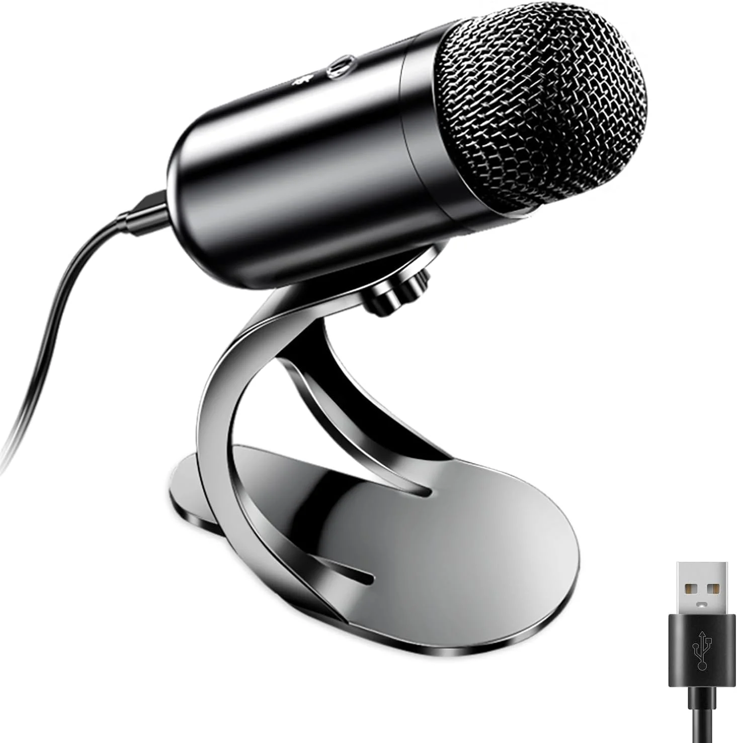 میکروفون کامپیوتر USB، میکروفون پادکست کندانسور همه جهته برای ضبط و استریم، میکروفون رومیزی با دکمه قطع صدا و کنترل صدا، پایه Plug & Play برای PC، لپ تاپ، مک، یوتیوب