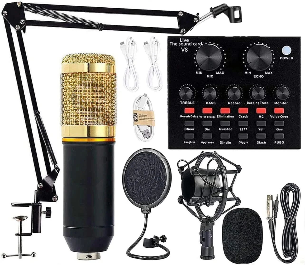 میکروفون کاندنسر حرفه ای BM800 به همراه کارت صدای V8 مناسب برای پخش زنده و وبکست - AUX