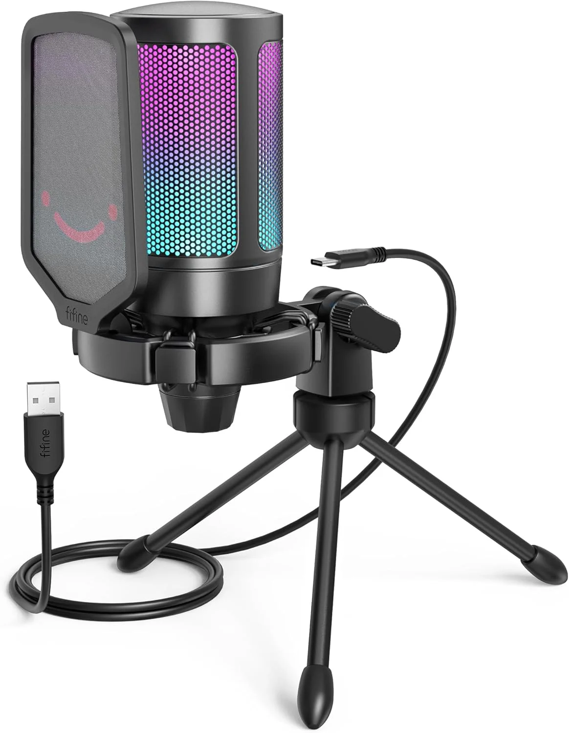 میکروفون گیمینگ USB FIFINE برای PC PS5، میکروفون کندانسور با قطع صدای سریع، نشانگر RGB، پایه سه پایه، پاپ فیلتر، شاک مونت، کنترل گین برای استریمینگ دیسکورد توییچ پادکست ویدیوها - AmpliGame