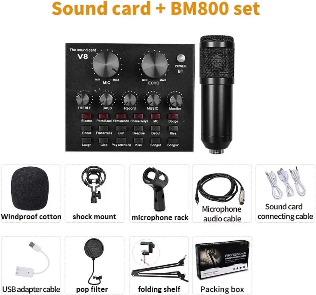 میکروفون کاندنسر حرفه ای BM800 به همراه کارت صدای V8 مناسب برای پخش زنده و وبکست - AUX میکروفون کاندنسر حرفه ای BM800 به همراه کارت صدای V8 مناسب برای پخش زنده و وبکست - AUX