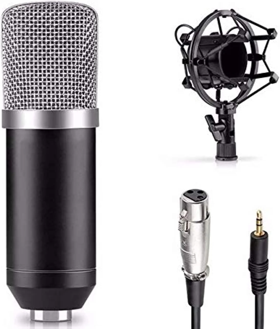 میکروفون کندانسر سیم دار 3.5 میلی متری کارائوکه KTV ایوینر مدل BM700 به همراه پایه ضد لرزش و فوم ضد باد مناسب استودیو ضبط صدا، پخش کامپیوتری و اجرای صحنه (مشکی/نقره ای)
