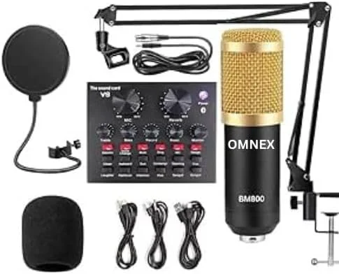 میکروفون کاندنسر OMNEX BM 800 به همراه کارت صدای V8، تجهیزات کامل استودیوی ضبط صدا، میکسر صوتی خارجی V8 به همراه میکروفون برای خوانندگی، پخش زنده و یوتیوبرها