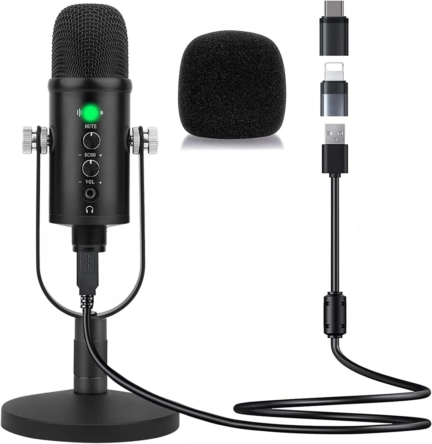 میکروفون کاندنسر USB Angju سازگار با PC/MAC/Ps4/iPhone/iPad/Android، میکروفون کامپیوتر با قابلیت حذف نویز و Reverb، میکروفون استودیویی برای ضبط صدا و موسیقی، پادکست، استریمینگ، بازی