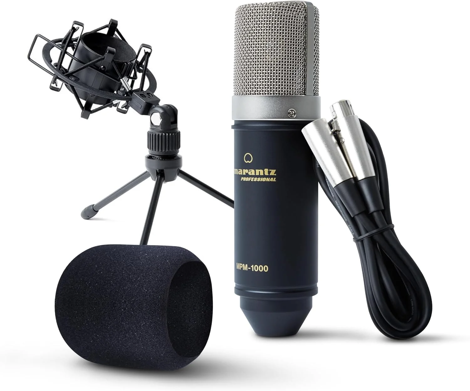 میکروفون کاندنسر XLR استودیویی Marantz Professional MPM-1000 به همراه پایه رومیزی و کابل - مناسب برای پروژه های پادکست و استریم، مشکی