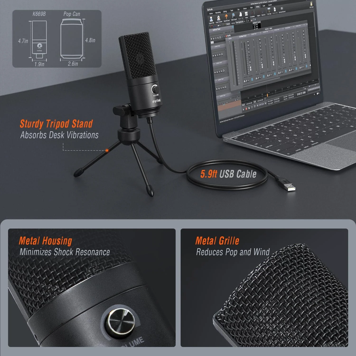 میکروفون USB کامپیوتر FIFINE، میکروفون کاندنسر ضبط صدا برای پادکست، میکروفون فلزی رومیزی استودیویی با دکمه تنظیم گین، سازگار با مک و ویندوز، مشکی مدل Studio Mic-K669B میکروفون USB کامپیوتر FIFINE، میکروفون کاندنسر ضبط صدا برای پادکست، میکروفون فلزی رومیزی استودیویی با دکمه تنظیم گین، سازگار با مک و ویندوز، مشکی مدل Studio Mic-K669B
