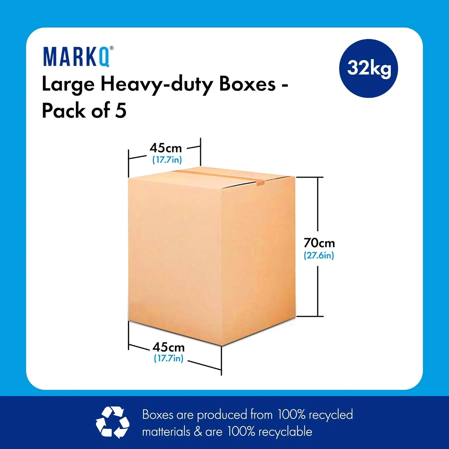 MARKQ [بسته 5 عددی] جعبه های مقوایی دوجداره بزرگ 100% قابل بازیافت برای اسباب کشی با ظرفیت 32 کیلوگرم، کارتن قهوه ای 45 × 45 × 70 سانتی متر برای بسته بندی، حمل و نقل و نگهداری، 5 لایه