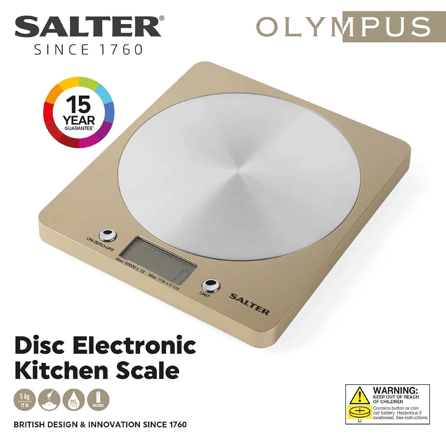 ترازوی دیجیتال آشپزخانه سالتر مدل Olympus 1036 OLFEU16 - ترازوی الکترونیکی پخت و پز/شیرینی پزی، ترازوی توزین مواد غذایی با ظرفیت 5 کیلوگرم، پلتفرم استیل ضد زنگ، عملکرد تارا، اندازه گیری مایعات، طلایی ترازوی دیجیتال آشپزخانه سالتر مدل Olympus 1036 OLFEU16 - ترازوی الکترونیکی پخت و پز/شیرینی پزی، ترازوی توزین مواد غذایی با ظرفیت 5 کیلوگرم، پلتفرم استیل ضد زنگ، عملکرد تارا، اندازه گیری مایعات، طلایی