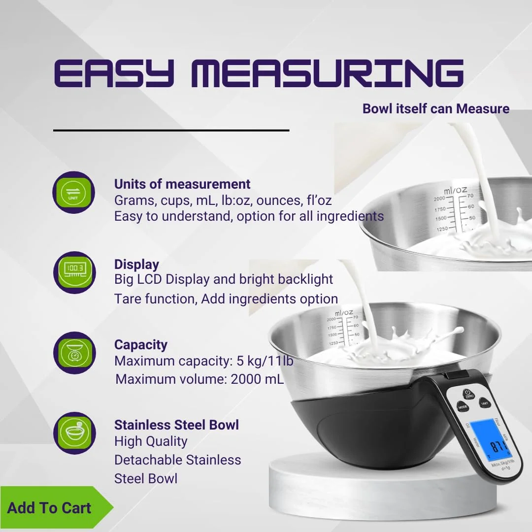 ترازوی دیجیتال آشپزخانه با کاسه اندازه گیری استیل ضد زنگ برای پخت و پز، صفحه نمایش LCD، شیک، حسگر دقیق اندازه گیری مواد غذایی. پارچ اندازه گیری دیجیتال با باتری، مناسب باشگاه (مشکی)