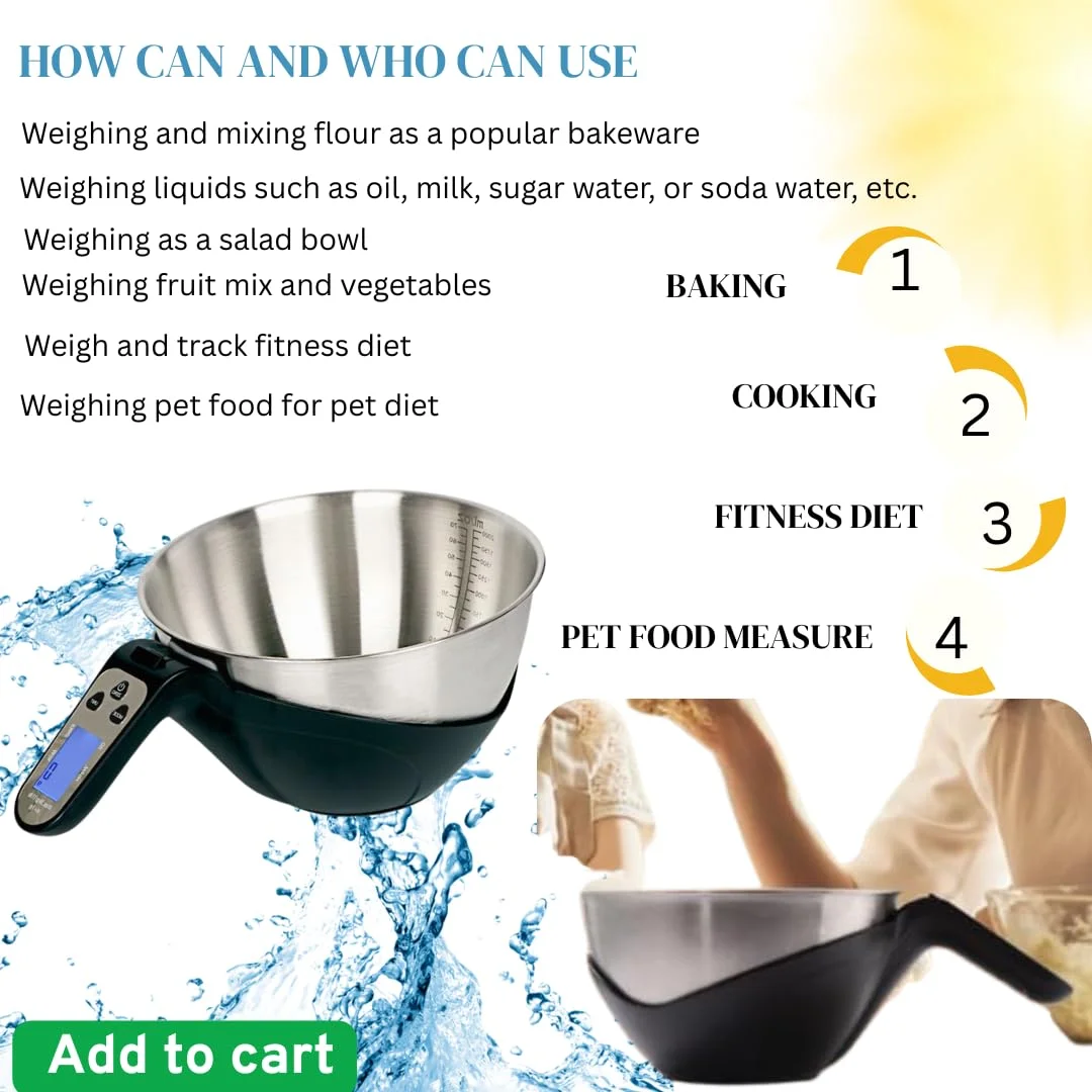 ترازوی دیجیتال آشپزخانه با کاسه اندازه گیری استیل ضد زنگ برای پخت و پز، صفحه نمایش LCD، شیک، حسگر دقیق اندازه گیری مواد غذایی. پارچ اندازه گیری دیجیتال با باتری، مناسب باشگاه (مشکی)