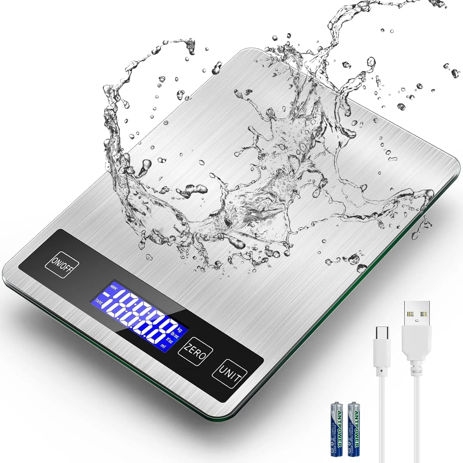 ترازوی آشپزخانه دیجیتال Azonee، ترازوی آشپزخانه 15 کیلوگرمی با صفحه نمایش LED، دقت 1 گرم / 0.1 اونس، وزن دیجیتال گرم و اونس، ترازوی وزن مواد غذایی قابل شارژ USB (نقره ای)
