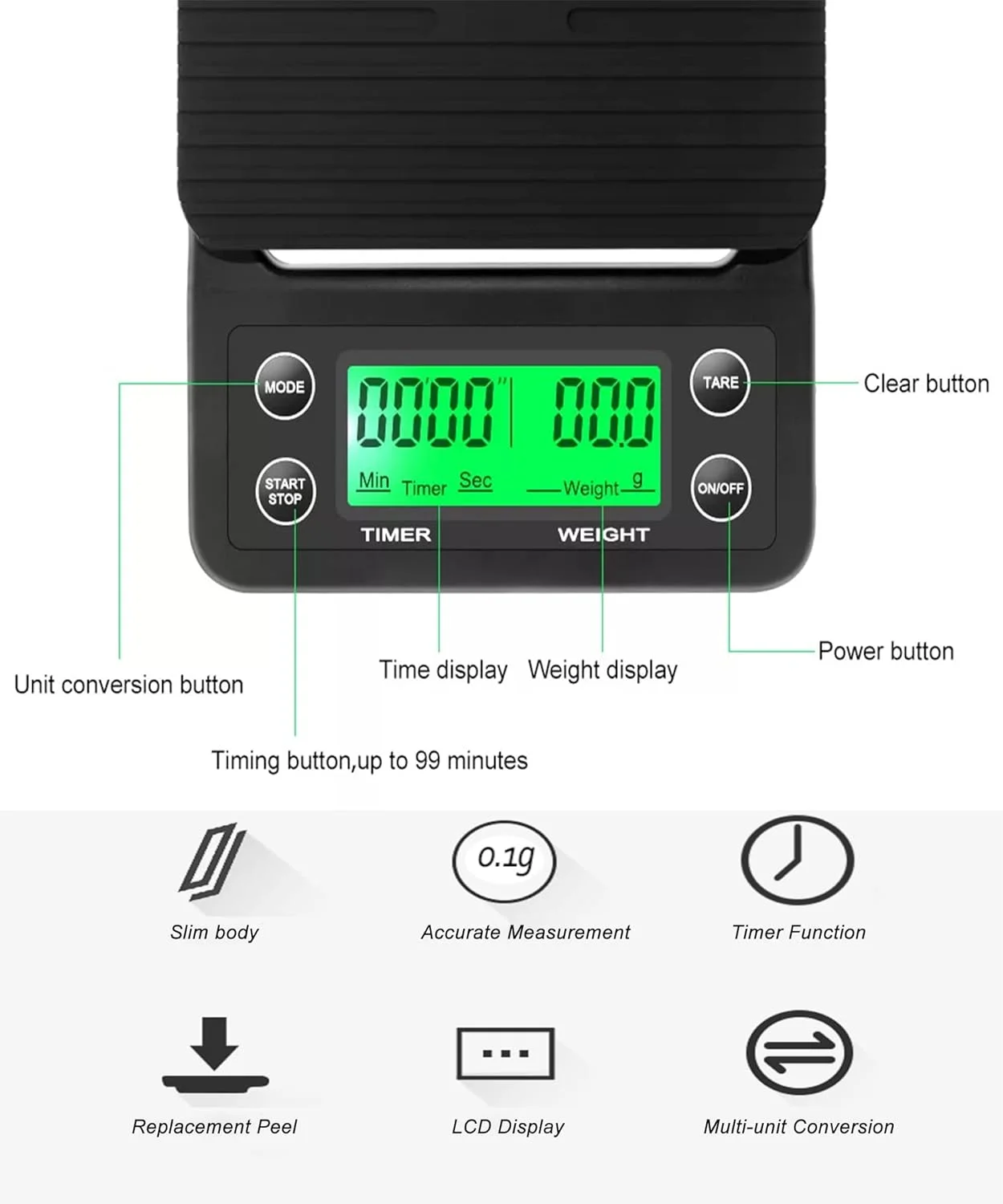 ترازو قهوه دیجیتال کوچک ایندر با تایمر و صفحه نمایش LCD، دقت بالا، مناسب آشپزخانه/منزل، توزین قهوه/غذا به همراه پد سیلیکونی ایمن (قهوه ای)