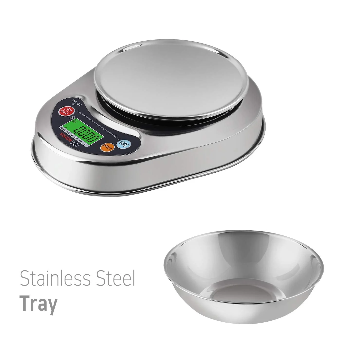 ترازوی آشپزخانه دیجیتال ویژن تک شاپ VK-D7 با دقت 0.1 گرم، کاسه دار، قابلیت تغییر واحد Lb/Oz/Kg/g، بدنه استیل ضد زنگ، صفحه نمایش LCD با نور پس زمینه، حداکثر ظرفیت 5.4 کیلوگرم، دقت 0.0004 کیلوگرم