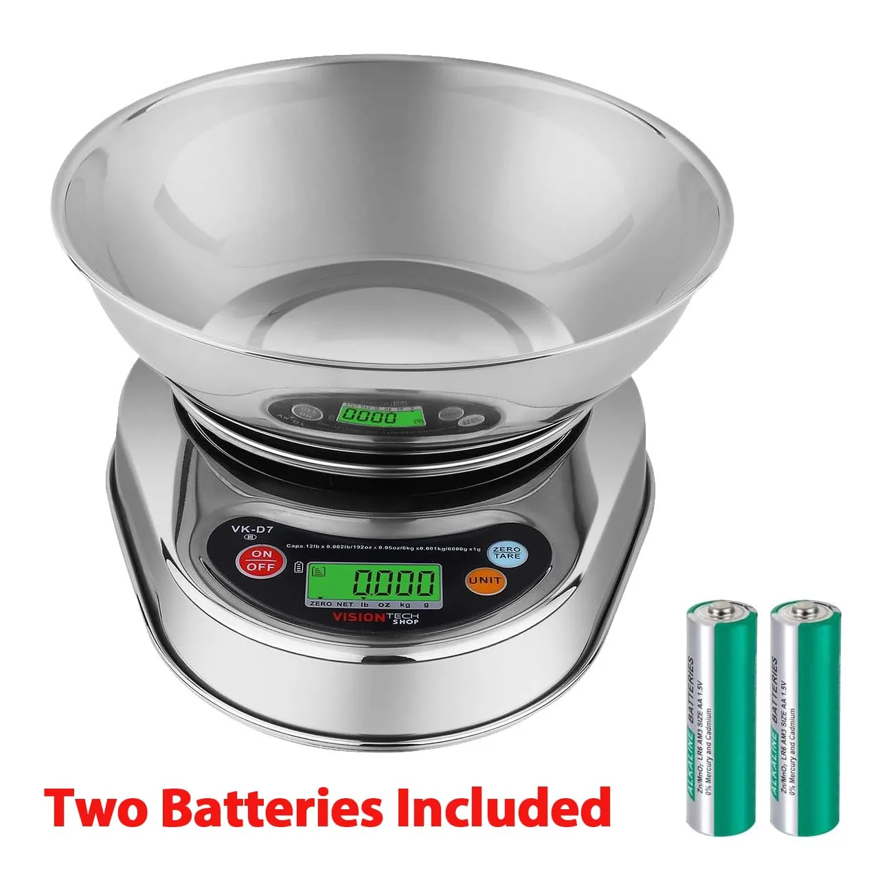 ترازوی آشپزخانه دیجیتال ویژن تک شاپ VK-D7 با دقت 0.1 گرم، کاسه دار، قابلیت تغییر واحد Lb/Oz/Kg/g، بدنه استیل ضد زنگ، صفحه نمایش LCD با نور پس زمینه، حداکثر ظرفیت 5.4 کیلوگرم، دقت 0.0004 کیلوگرم