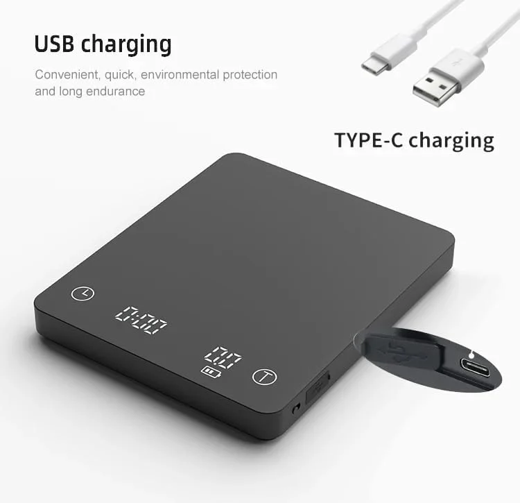 ترازوی دیجیتال آشپزخانه قهوه با تایمر شروع خودکار، عملکرد تارا، قابل شارژ USB - ایده آل برای V60، Chemex، قهوه های پور اور - طراحی فشرده و مشکی، ترازوی غذای با دقت بالا 2 کیلوگرم/0.1 گرم