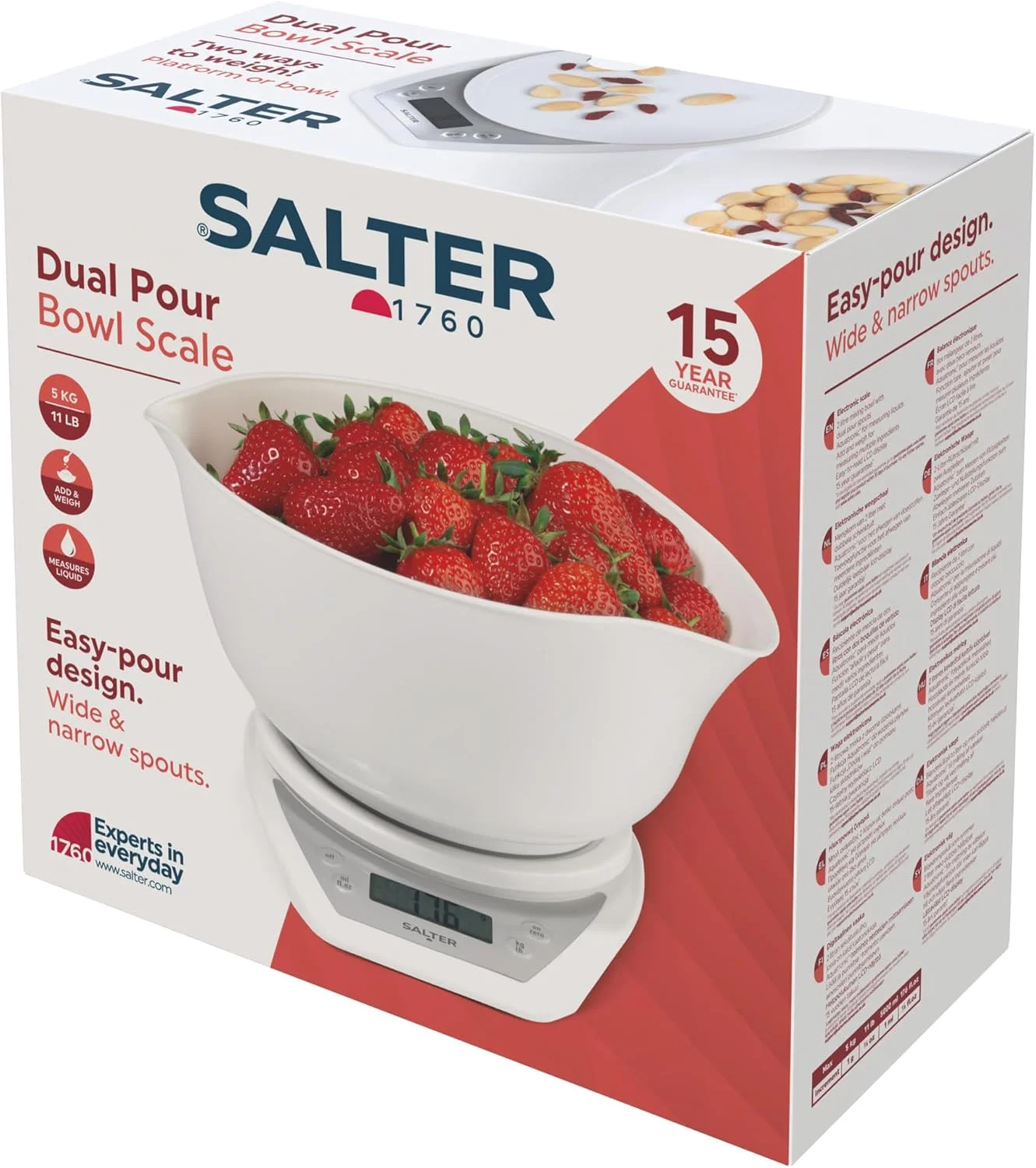 ترازوی آشپزخانه دیجیتال دوگانه Salter 1024 WHDR14 - شامل کاسه مخلوط کن 2 لیتری، دهانه های باریک و پهن برای مواد مرطوب و خشک، اندازه گیری مایعات، افزودن و وزن کردن، صفحه نمایش LCD با خوانایی آسان، ظرفیت 5 کیلوگرم ترازوی آشپزخانه دیجیتال دوگانه Salter 1024 WHDR14 - شامل کاسه مخلوط کن 2 لیتری، دهانه های باریک و پهن برای مواد مرطوب و خشک، اندازه گیری مایعات، افزودن و وزن کردن، صفحه نمایش LCD با خوانایی آسان، ظرفیت 5 کیلوگرم