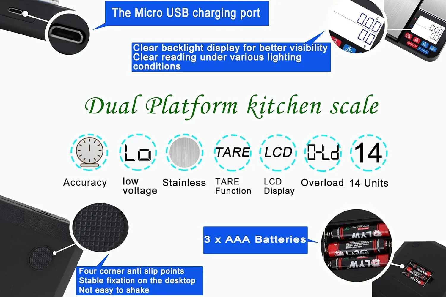 ترازوی آشپزخانه دیجیتال TERRIFI، ترازوی غذای دو پلتفرمی قابل شارژ با قاشق های اندازه گیری، ظرفیت دقیق (0.1 گرم/0.01 گرم)، مناسب برای کاهش وزن، پخت و پز و شیرینی پزی