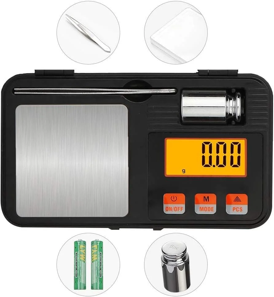 ترازوی دیجیتال ECVV با ظرفیت 200 گرم و دقت 0.01 گرم، اندازه جیبی، دارای وزنه کالیبراسیون 50 گرمی، 6 واحد تبدیل، صفحه نمایش LCD با نور پس زمینه، مناسب برای جواهرات/دارو/غذا/پودر/سکه