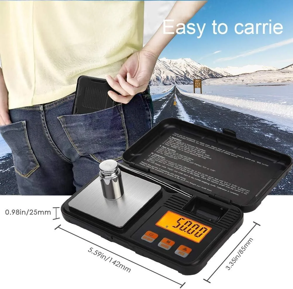 ترازوی دیجیتال ECVV با ظرفیت 200 گرم و دقت 0.01 گرم، اندازه جیبی، دارای وزنه کالیبراسیون 50 گرمی، 6 واحد تبدیل، صفحه نمایش LCD با نور پس زمینه، مناسب برای جواهرات/دارو/غذا/پودر/سکه