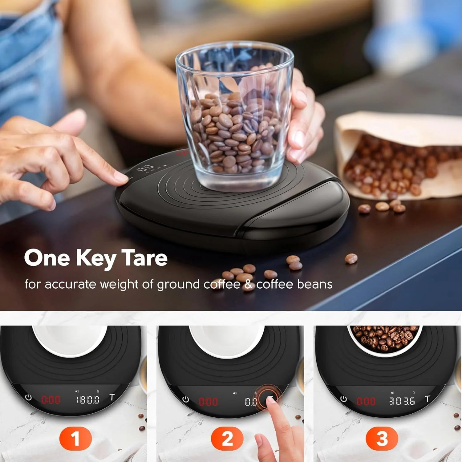 ترازوی دیجیتال قهوه BIGTHREE با تایمر، ترازوی آشپزخانه، ترازوی اسپرسو، دقت بالا، هوشمند قابل شارژ برای قهوه دمی قابل حمل، اندازه گیری مواد غذایی آشپزخانه مشکی 2 کیلوگرم/0.1 گرم