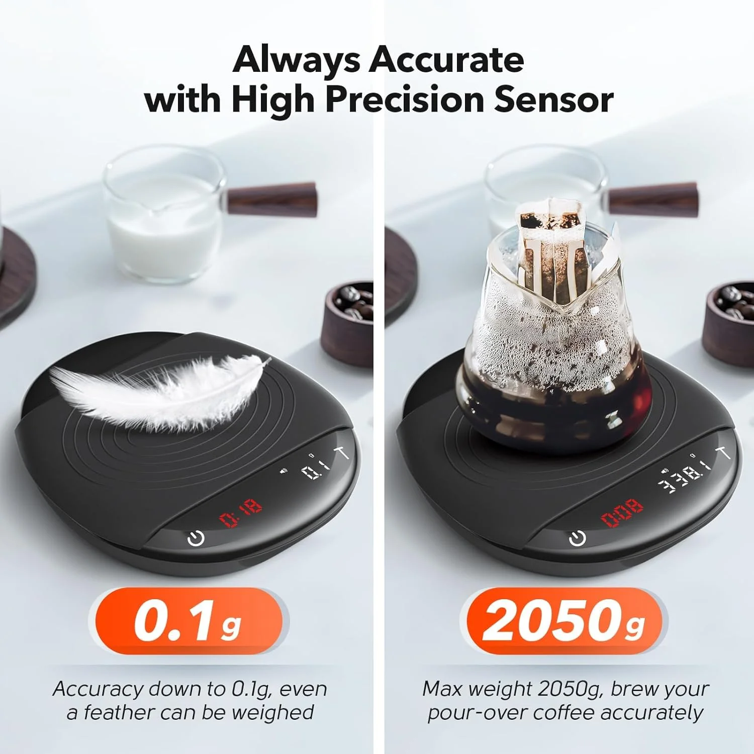 ترازوی دیجیتال قهوه BIGTHREE با تایمر، ترازوی آشپزخانه، ترازوی اسپرسو، دقت بالا، هوشمند قابل شارژ برای قهوه دمی قابل حمل، اندازه گیری مواد غذایی آشپزخانه مشکی 2 کیلوگرم/0.1 گرم