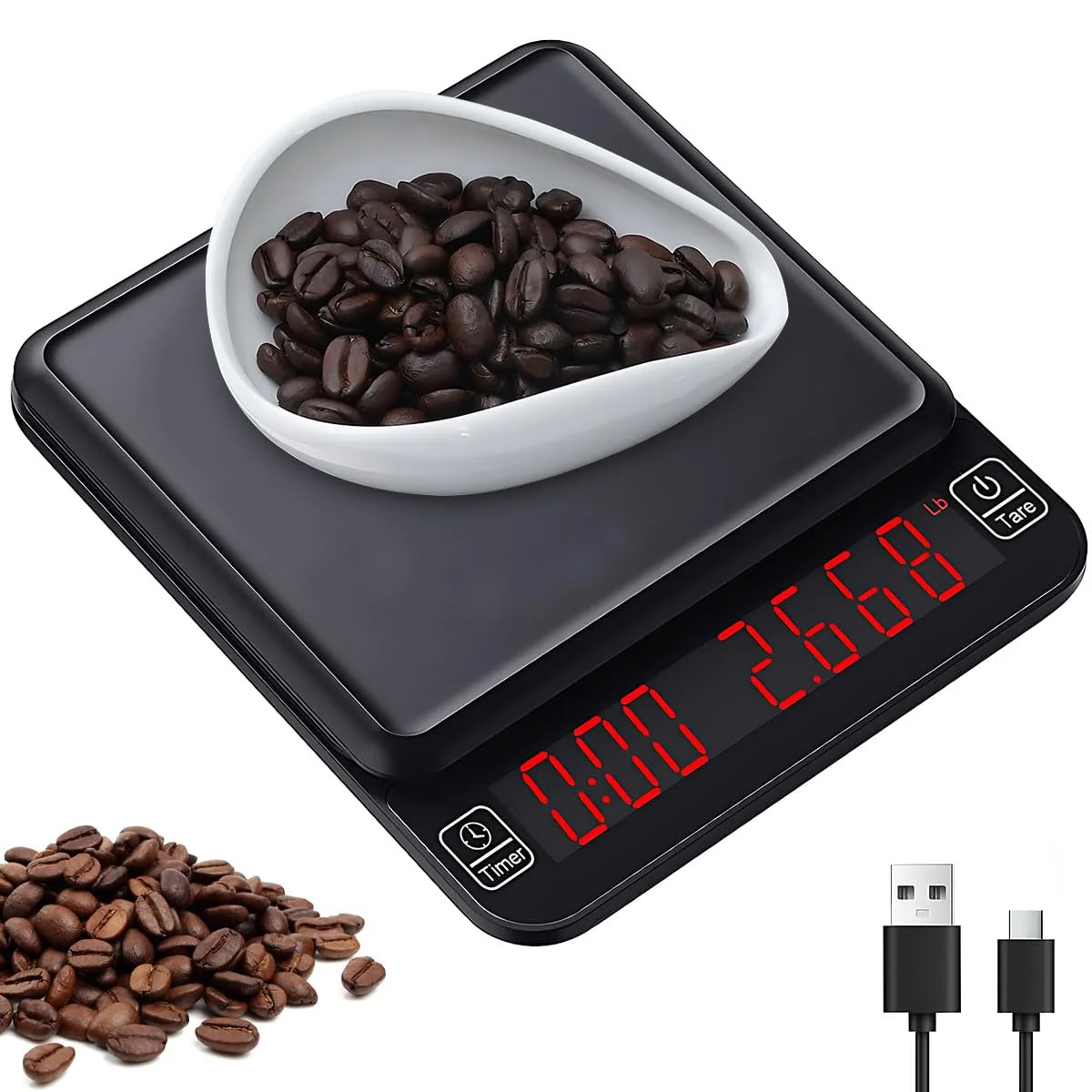 ترازوی قهوه گلوکلوز با تایمر 3 کیلوگرم/0.1 گرم، ترازوی دیجیتال قهوه، دانه های اسپرسو و مواد غذایی با دقت بالا، قابل شارژ، دارای عملکرد تارا و صفحه نمایش LED برای آشپزخانه
