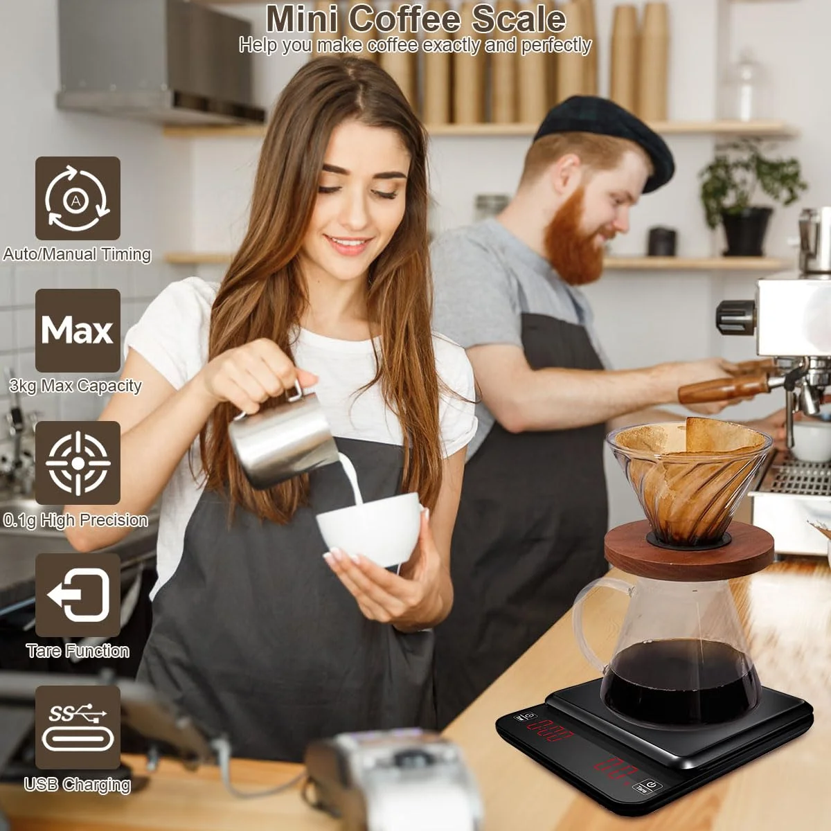 ترازوی قهوه گلوکلوز با تایمر 3 کیلوگرم/0.1 گرم، ترازوی دیجیتال قهوه، دانه های اسپرسو و مواد غذایی با دقت بالا، قابل شارژ، دارای عملکرد تارا و صفحه نمایش LED برای آشپزخانه