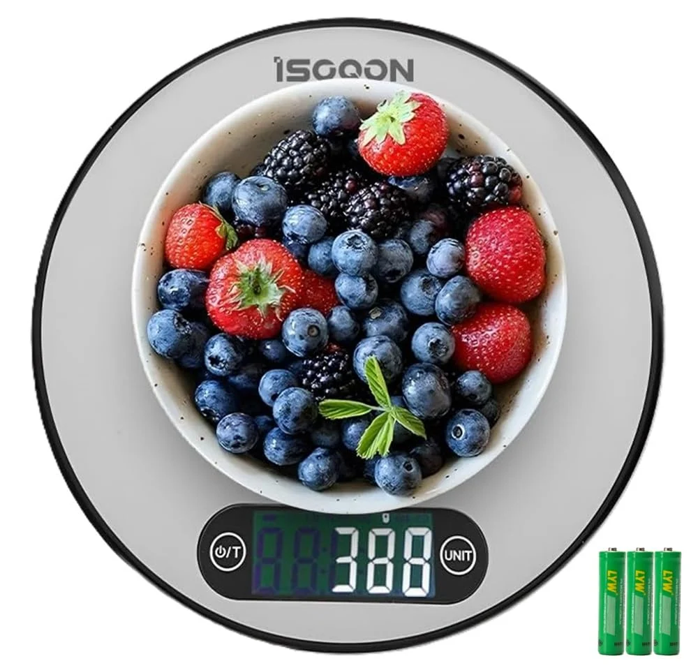 ترازوی آشپزخانه دیجیتال ISOQON – ترازوی غذای استیل ضد زنگ نازک با صفحه نمایش LCD، دقت بالا با ظرفیت 5 کیلوگرم/11 پوند، ترازوی گرمی برای پخت، آشپزی، آماده سازی غذا و کمبود کالری، نقره ای