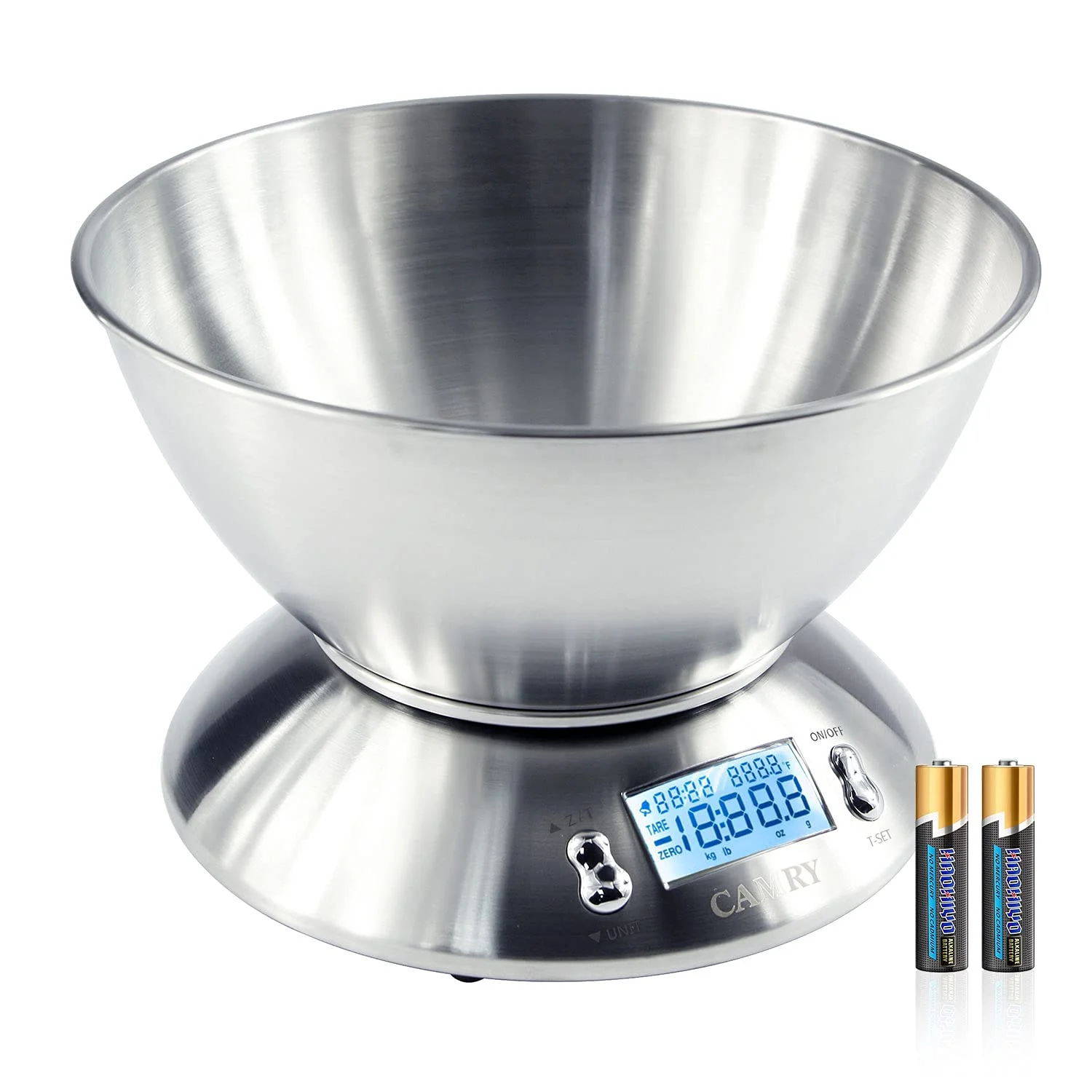 Camry High Accuracy Digital Kitchen Food Scale Mixing Bowl 2.15l Liquid Volume Room Temperature and Timer Backlight LCD Display, Stainless Steel