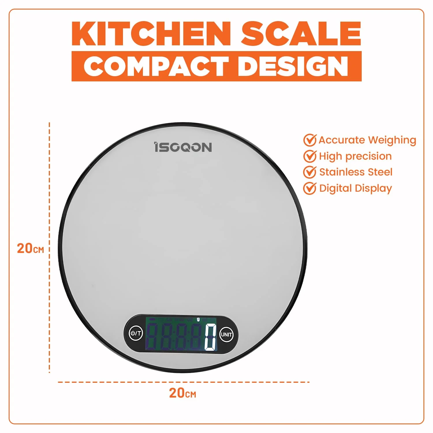 ترازوی آشپزخانه دیجیتال ISOQON – ترازوی غذای استیل ضد زنگ نازک با صفحه نمایش LCD، دقت بالا با ظرفیت 5 کیلوگرم/11 پوند، ترازوی گرمی برای پخت، آشپزی، آماده سازی غذا و کمبود کالری، نقره ای