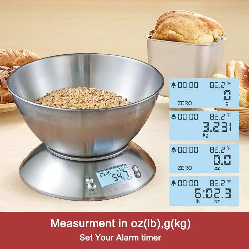 Camry High Accuracy Digital Kitchen Food Scale Mixing Bowl 2.15l Liquid Volume Room Temperature and Timer Backlight LCD Display, Stainless Steel