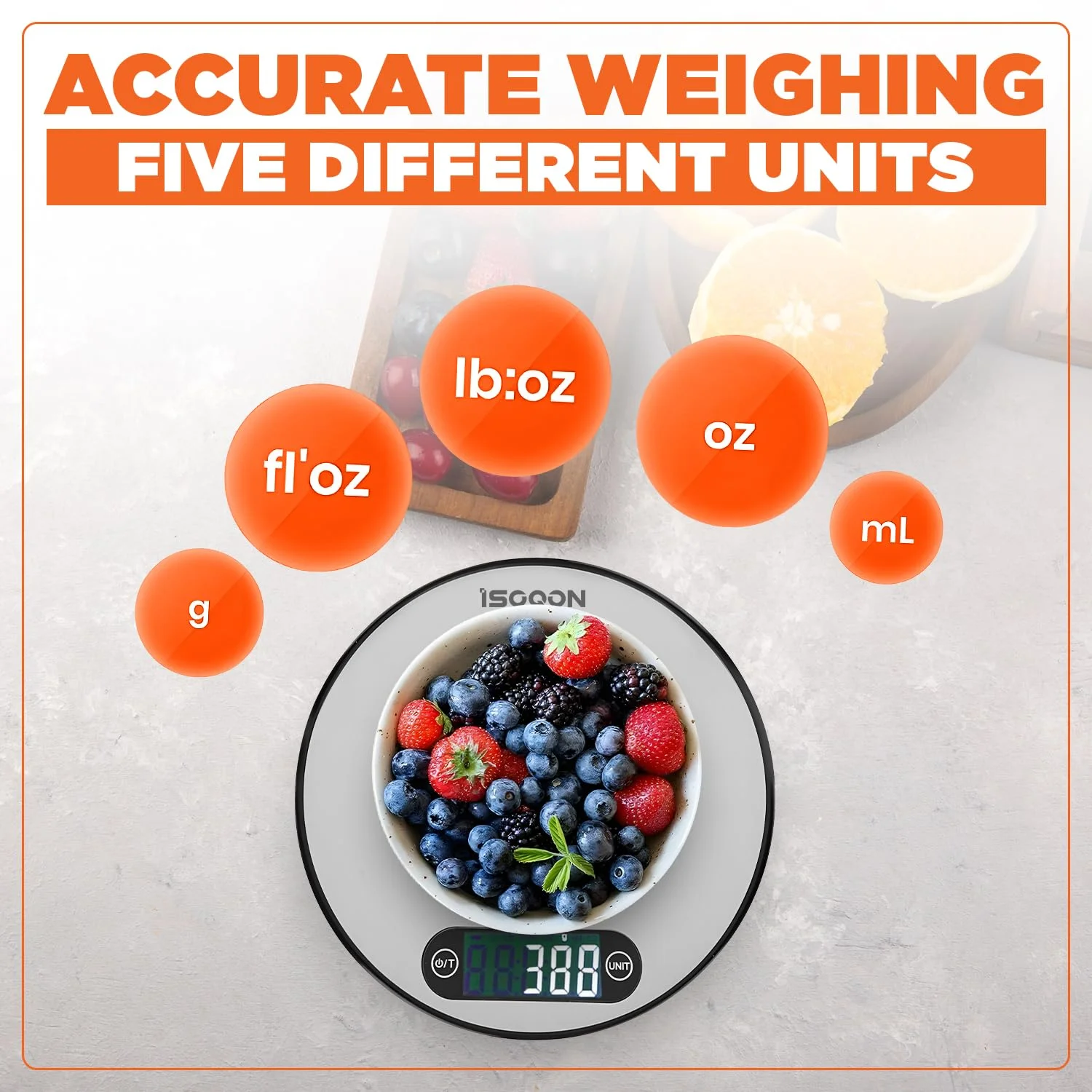 ترازوی آشپزخانه دیجیتال ISOQON – ترازوی غذای استیل ضد زنگ نازک با صفحه نمایش LCD، دقت بالا با ظرفیت 5 کیلوگرم/11 پوند، ترازوی گرمی برای پخت، آشپزی، آماده سازی غذا و کمبود کالری، نقره ای