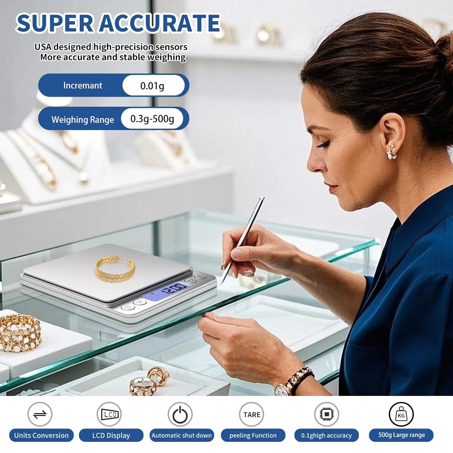 ترازوی گرمی MEIYA، ترازوی دیجیتال کوچک مواد غذایی، دقت وزن 0.01 گرم / 0.001 اونس تا 500 گرم، ترازوی آشپزخانه برای جواهرات/پخت/صابون، 9 واحد، عملکرد تارا، صفحه نمایش LCD، شامل باتری