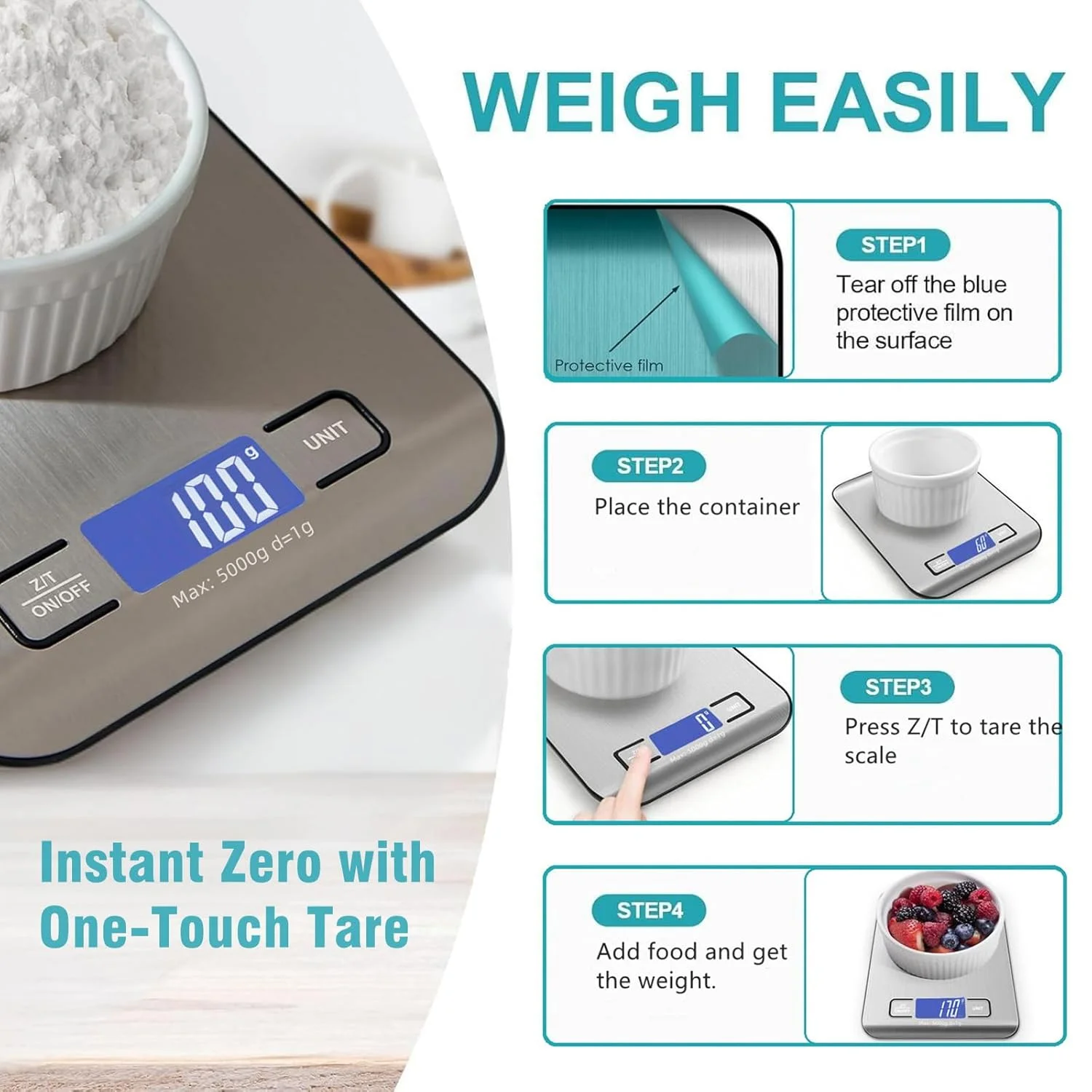 ترازوی آشپزخانه دیجیتال AoMige، ترازوی غذای قابل شارژ با دقت بالا، ترازوی وزن مواد غذایی چند منظوره از جنس استیل ضد زنگ، ترازوی پخت و پز با صفحه نمایش LCD، عملکرد تارا برای پخت، آشپزی، رژیم غذایی (5 کیلوگرم/1 گرم)