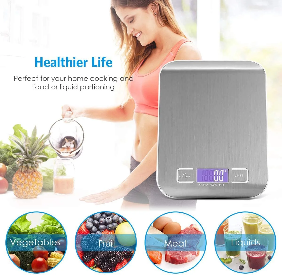 ترازوی آشپزخانه دیجیتال 10 کیلویی رویال پولار، نمایشگر LCD و قابلیت توزین تارا، چهار واحد تبدیل اندازه گیری، نقره ای، باتری ها شامل ظرفیت