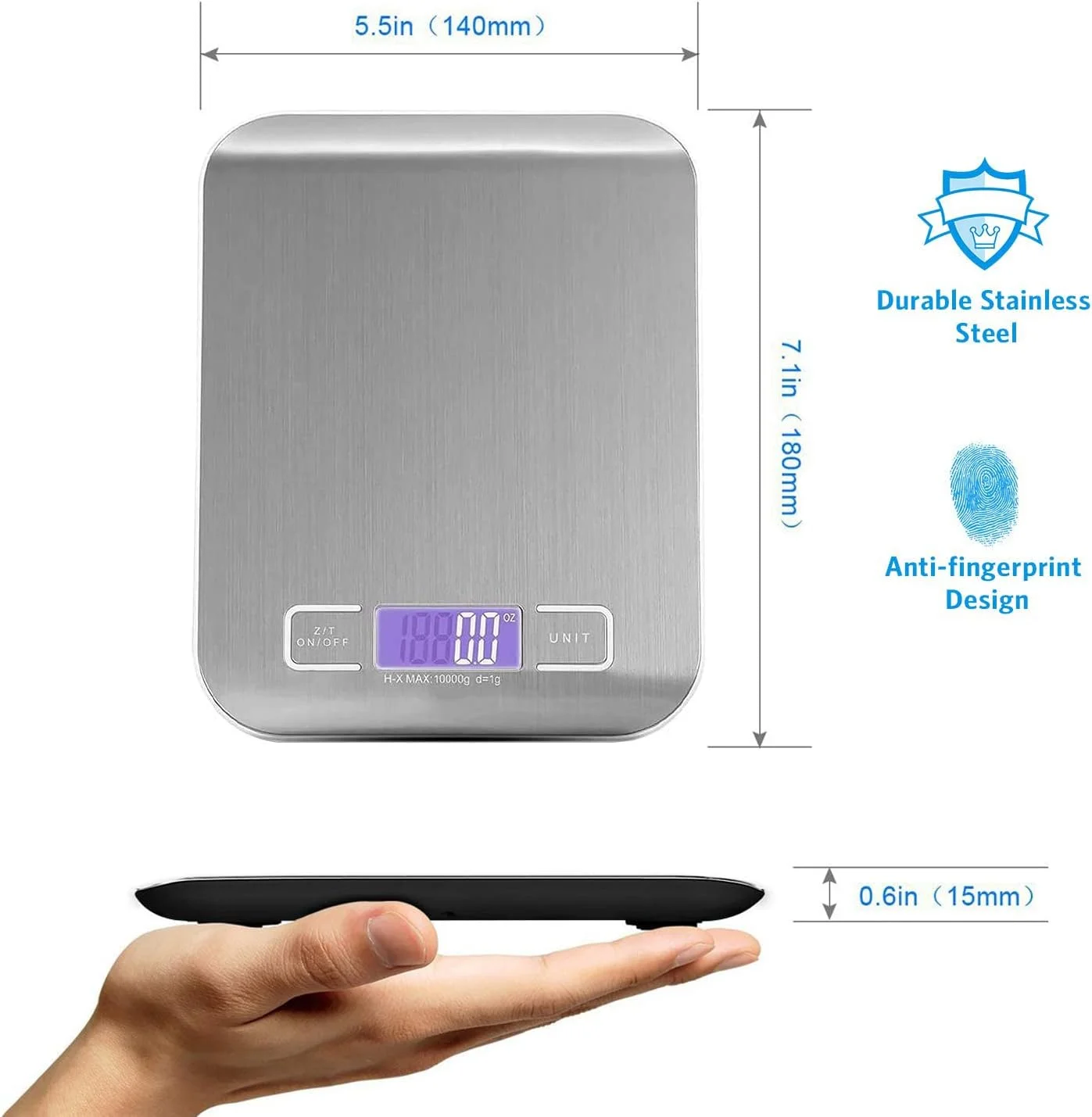 ترازوی آشپزخانه دیجیتال 10 کیلویی رویال پولار، نمایشگر LCD و قابلیت توزین تارا، چهار واحد تبدیل اندازه گیری، نقره ای، باتری ها شامل ظرفیت
