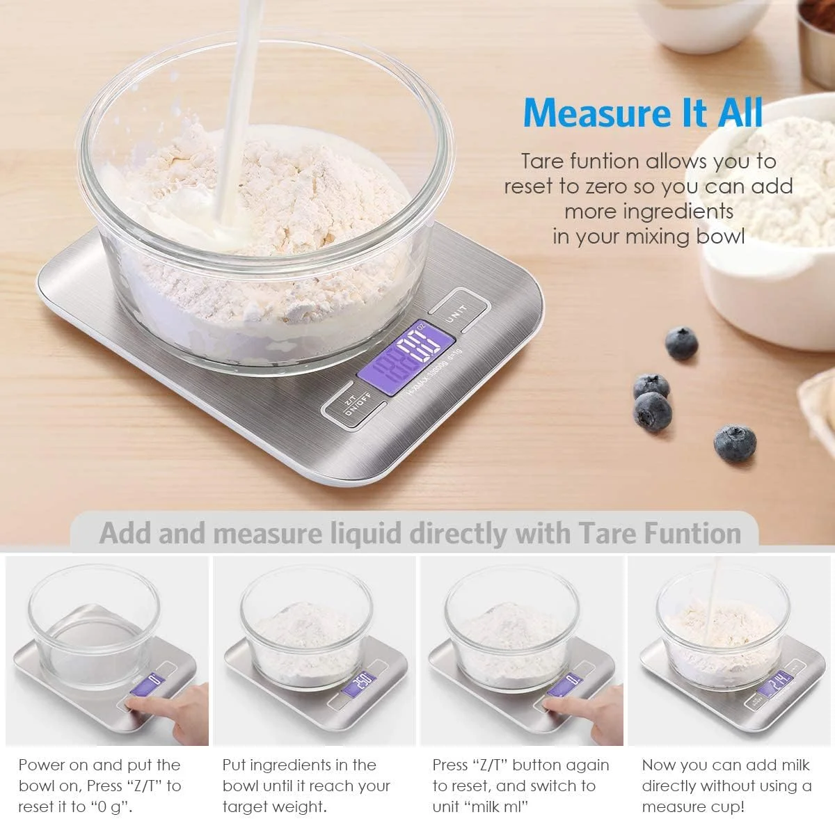 ترازوی آشپزخانه دیجیتال 10 کیلویی رویال پولار، نمایشگر LCD و قابلیت توزین تارا، چهار واحد تبدیل اندازه گیری، نقره ای، باتری ها شامل ظرفیت