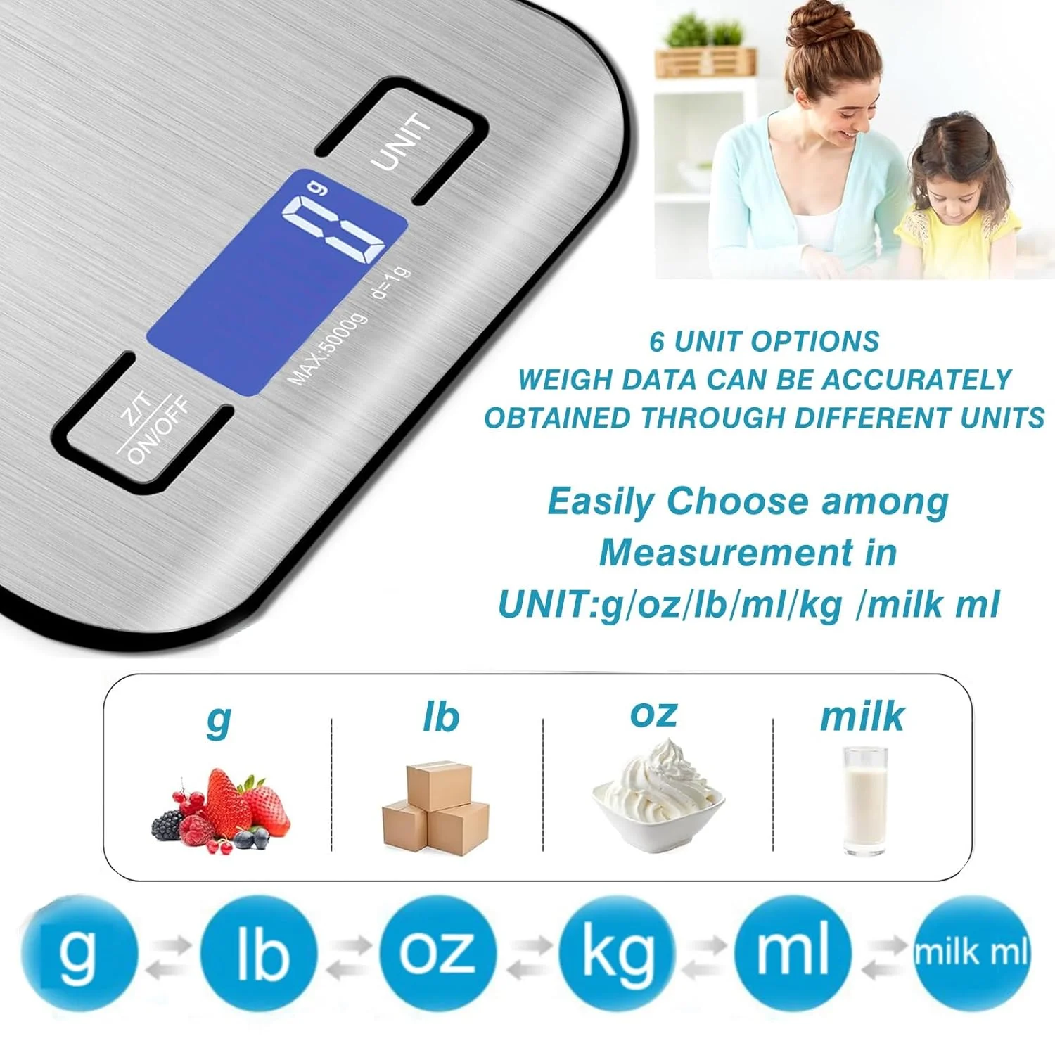 ترازوی آشپزخانه دیجیتال AoMige، ترازوی غذای قابل شارژ با دقت بالا، ترازوی وزن مواد غذایی چند منظوره از جنس استیل ضد زنگ، ترازوی پخت و پز با صفحه نمایش LCD، عملکرد تارا برای پخت، آشپزی، رژیم غذایی (5 کیلوگرم/1 گرم) ترازوی آشپزخانه دیجیتال AoMige، ترازوی غذای قابل شارژ با دقت بالا، ترازوی وزن مواد غذایی چند منظوره از جنس استیل ضد زنگ، ترازوی پخت و پز با صفحه نمایش LCD، عملکرد تارا برای پخت، آشپزی، رژیم غذایی (5 کیلوگرم/1 گرم)